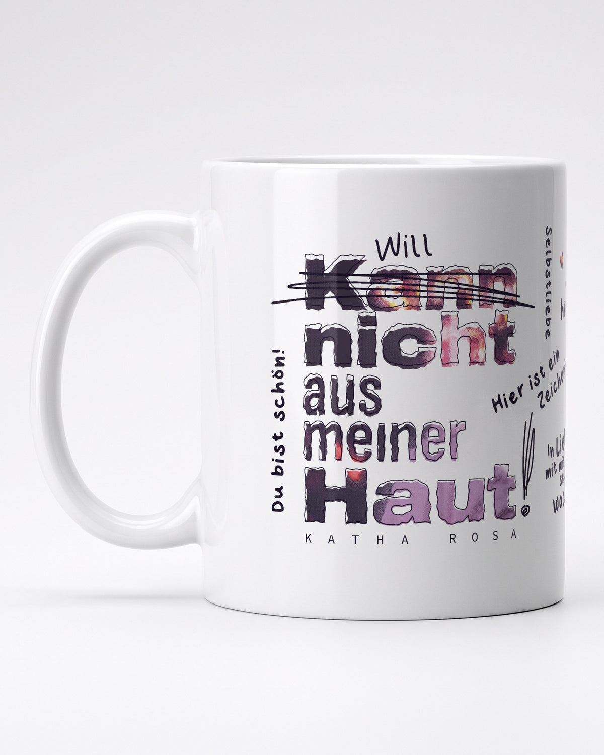Weiße Kann nicht aus meiner Haut Tasse, Seite mit dem Songtitel
