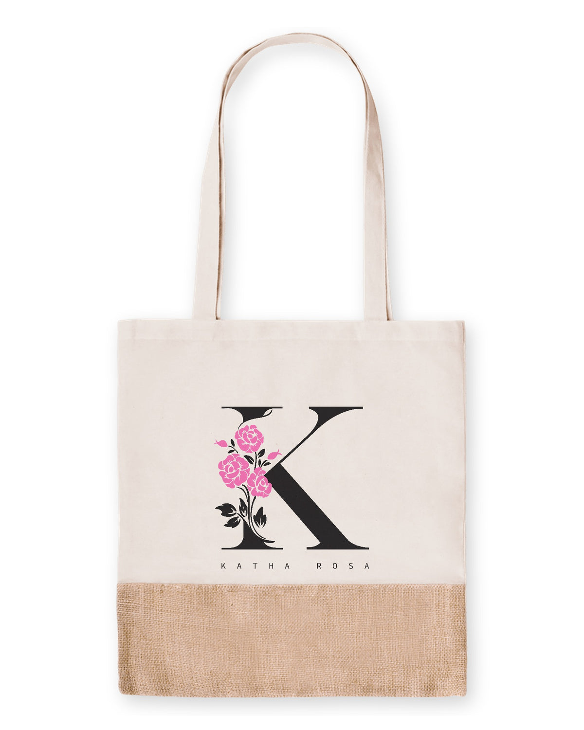 Katha Rosa Jutebeutel mit K-Logo und pinken Rosen – Vorderansicht