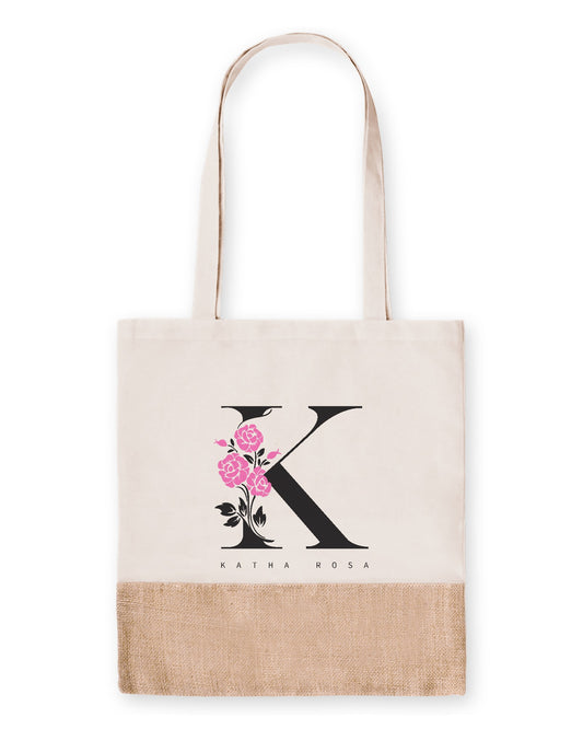 Katha Rosa Jutebeutel mit K-Logo und pinken Rosen – Vorderansicht