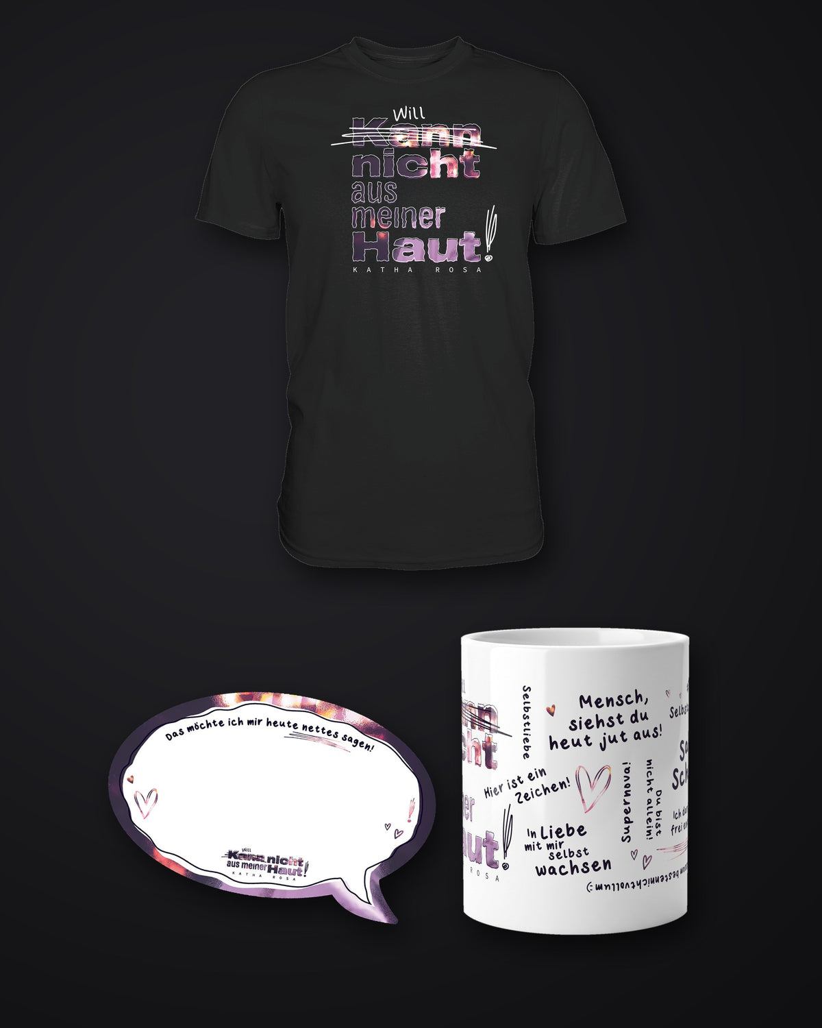 Kann nicht aus meiner Haut Bundle mit T-Shirt, Tasse und Haftnotizen auf dunklem Grund