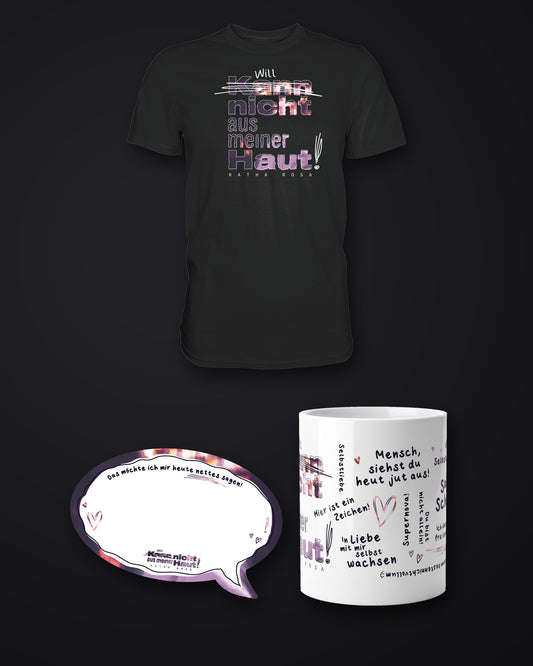 Kann nicht aus meiner Haut Bundle mit T-Shirt, Tasse und Haftnotizen auf dunklem Grund