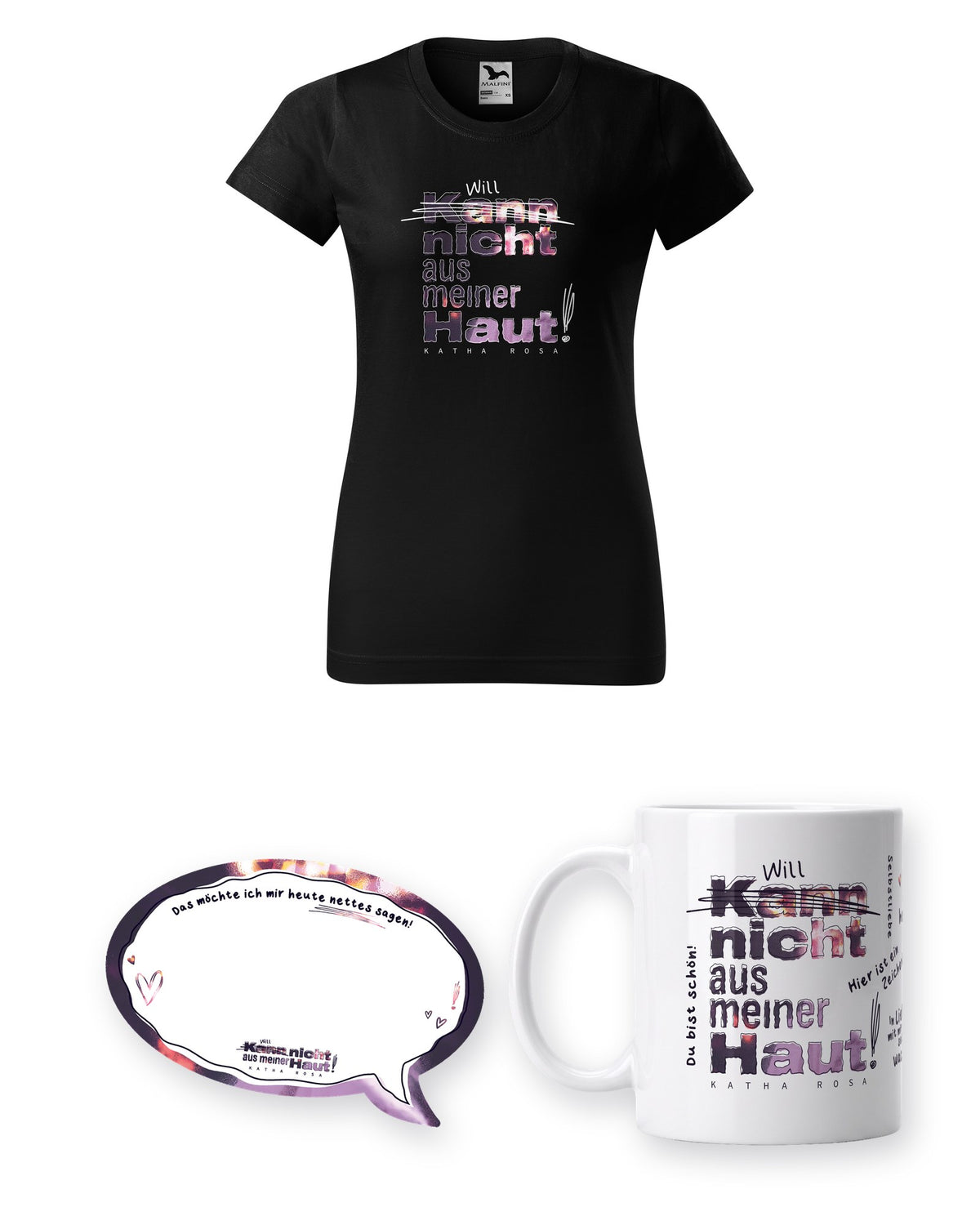Kann nicht aus meiner Haut Bundle mit schwarzem tailliertem T-Shirt, Tasse und Haftnotizen
