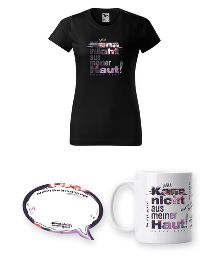Kann nicht aus meiner Haut Bundle mit schwarzem tailliertem T-Shirt, Tasse und Haftnotizen