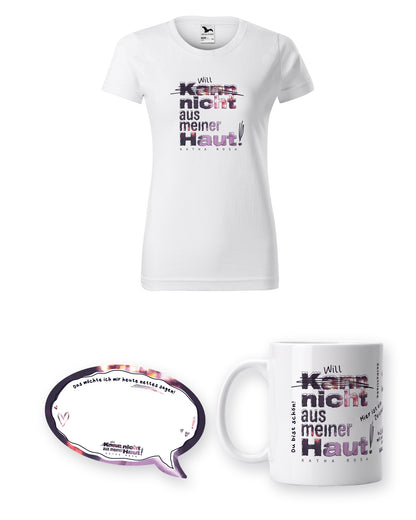 Kann nicht aus meiner Haut Bundle mit weißem tailliertem T-Shirt, Tasse und Haftnotizen