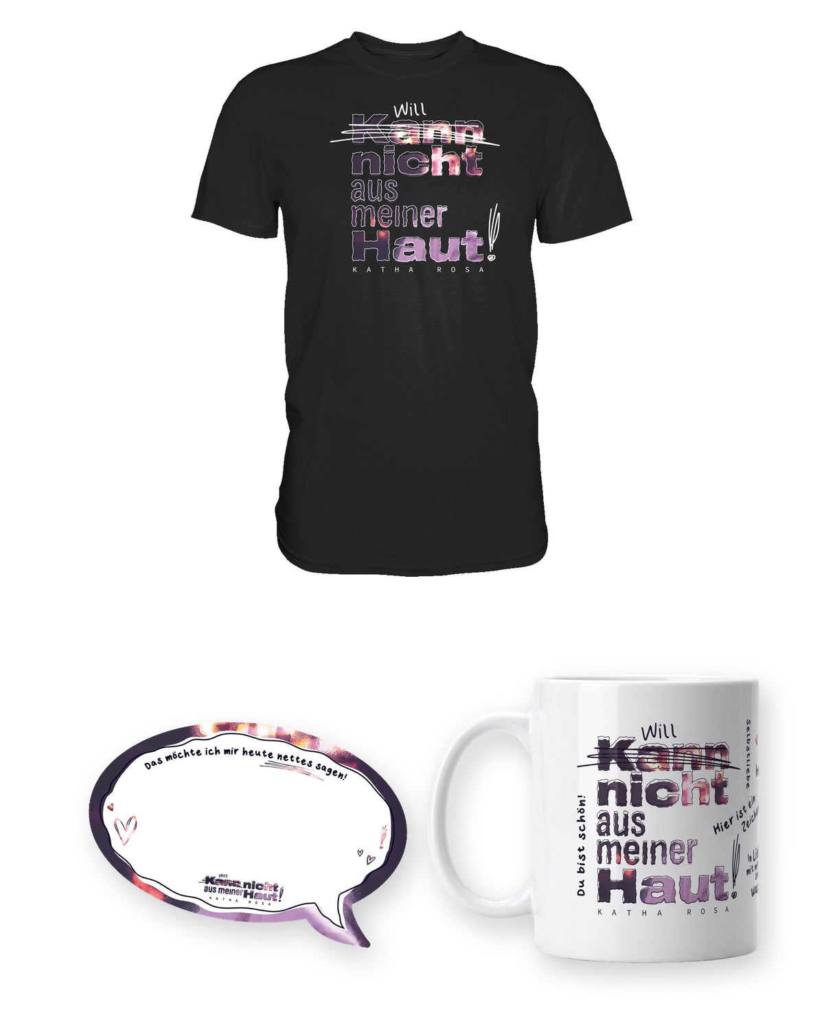 Kann nicht aus meiner Haut Bundle mit schwarzem Unisex T-Shirt, Tasse und Haftnotizen
