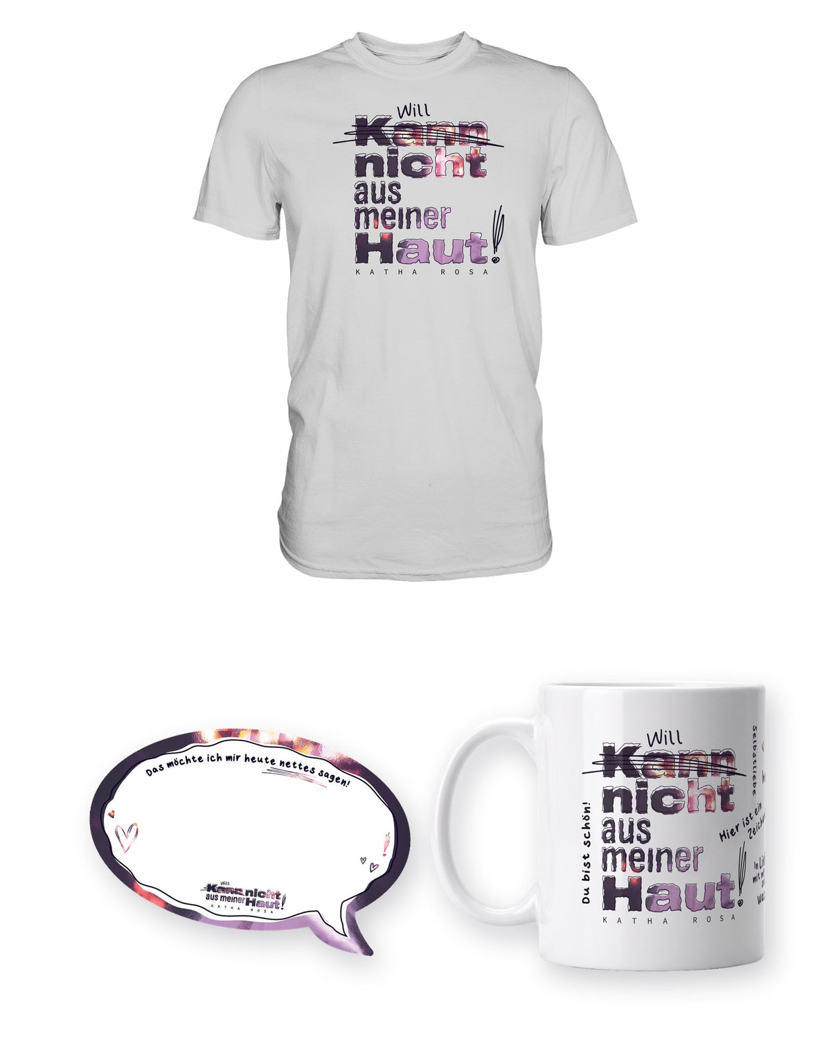 Kann nicht aus meiner Haut Bundle mit weißem Unisex T-Shirt, Tasse und Haftnotizen