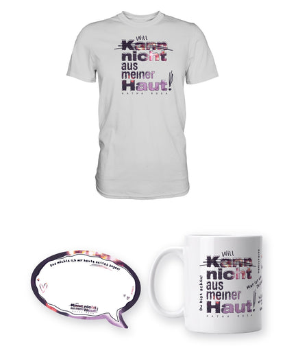 Kann nicht aus meiner Haut Bundle mit weißem Unisex T-Shirt, Tasse und Haftnotizen