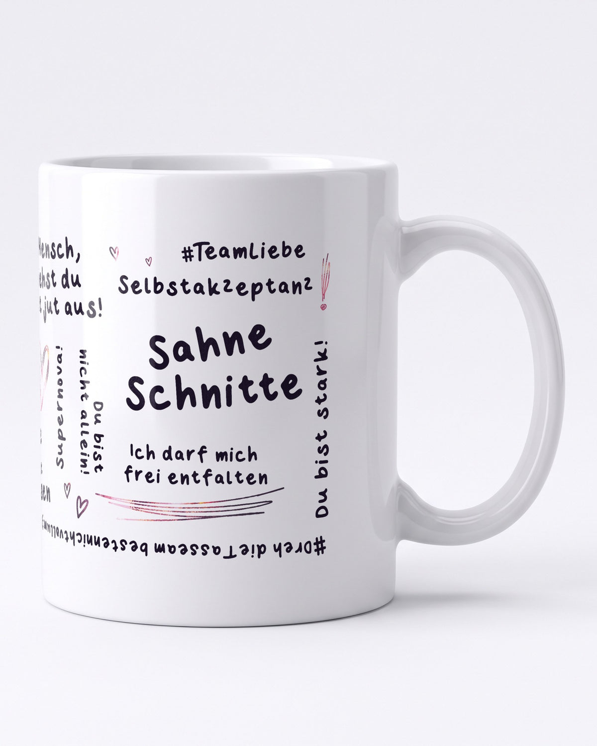 Kann nicht aus meiner Haut Tasse, Rückseite mit Mutmachern in Handschrift