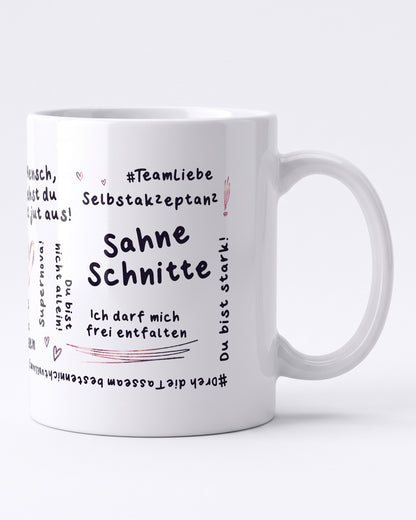 Kann nicht aus meiner Haut Tasse, Rückseite mit Mutmachern in Handschrift