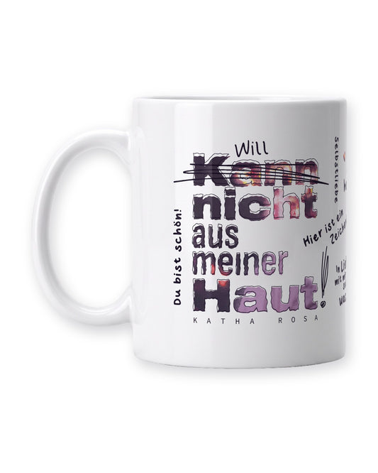 Weiße Kann nicht aus meiner Haut Tasse, Seite mit dem Songtitel