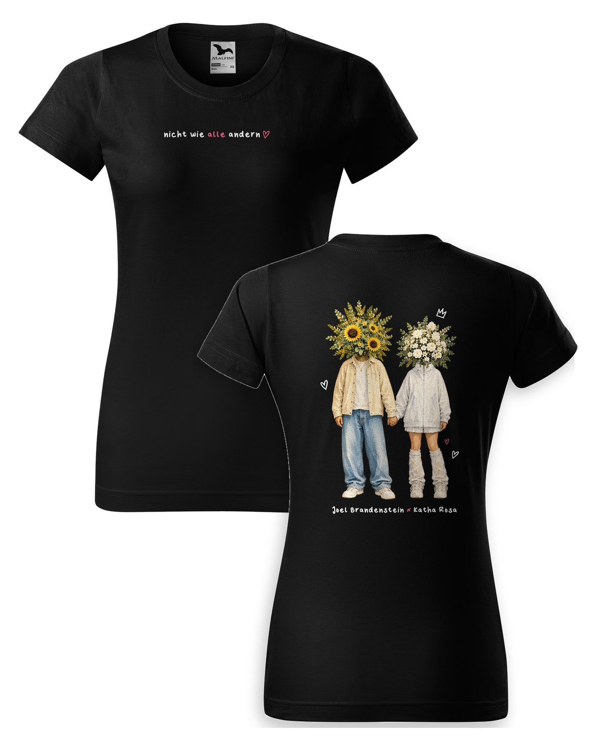 Nicht wie alle andern Blumenpaar T-Shirt tailliert schwarz – Vorder- und Rückseite