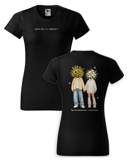 Nicht wie alle andern Blumenpaar T-Shirt tailliert schwarz – Vorder- und Rückseite