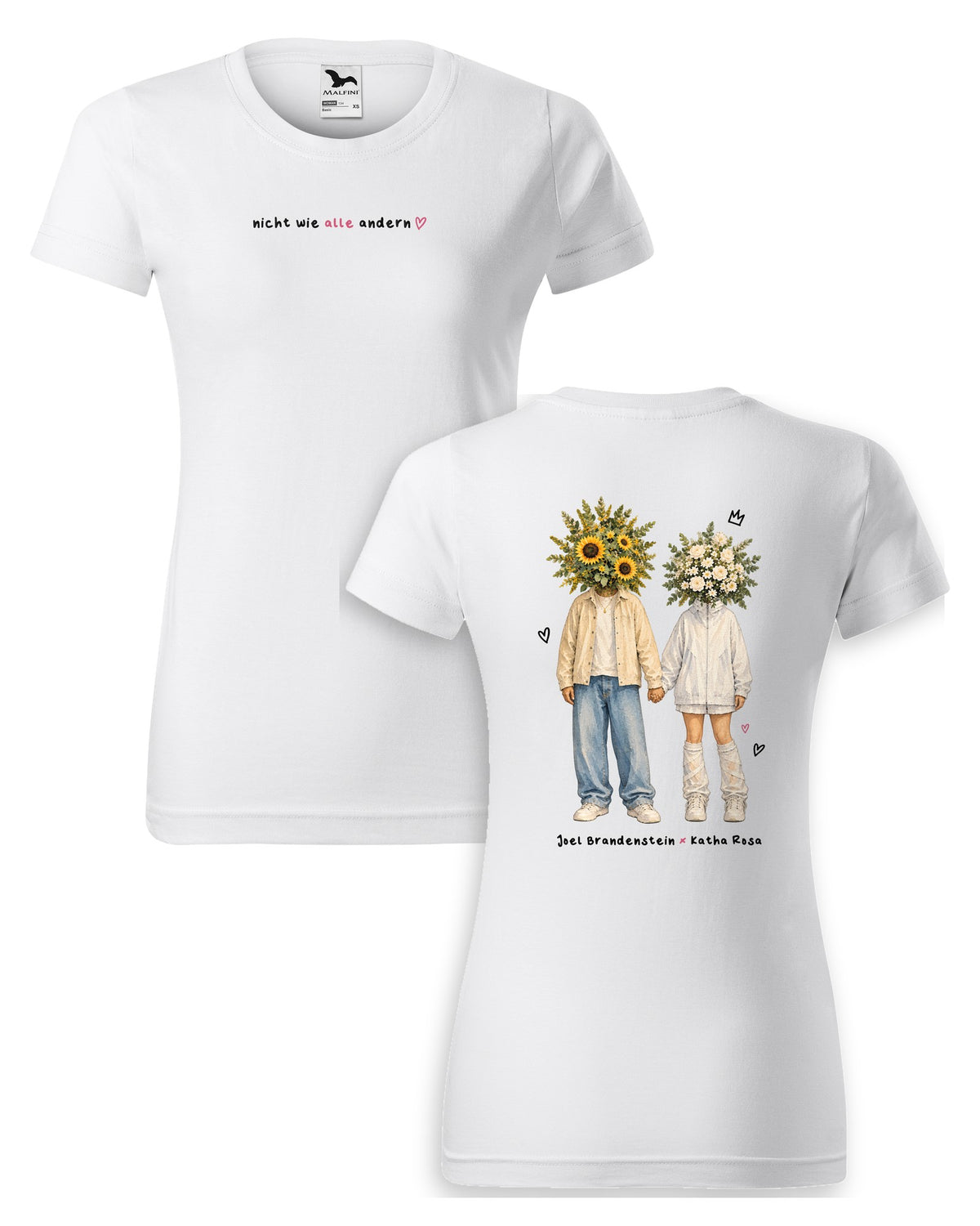 Nicht wie alle andern Blumenpaar T-Shirt tailliert weiß – Vorder- und Rückseite