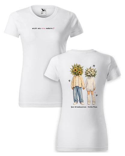 Nicht wie alle andern Blumenpaar T-Shirt tailliert weiß – Vorder- und Rückseite