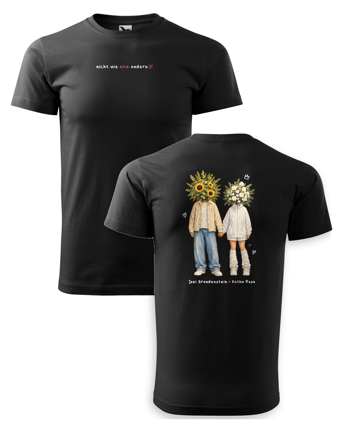 Nicht wie alle andern Blumenpaar T-Shirt Unisex schwarz – Vorder- und Rückseite