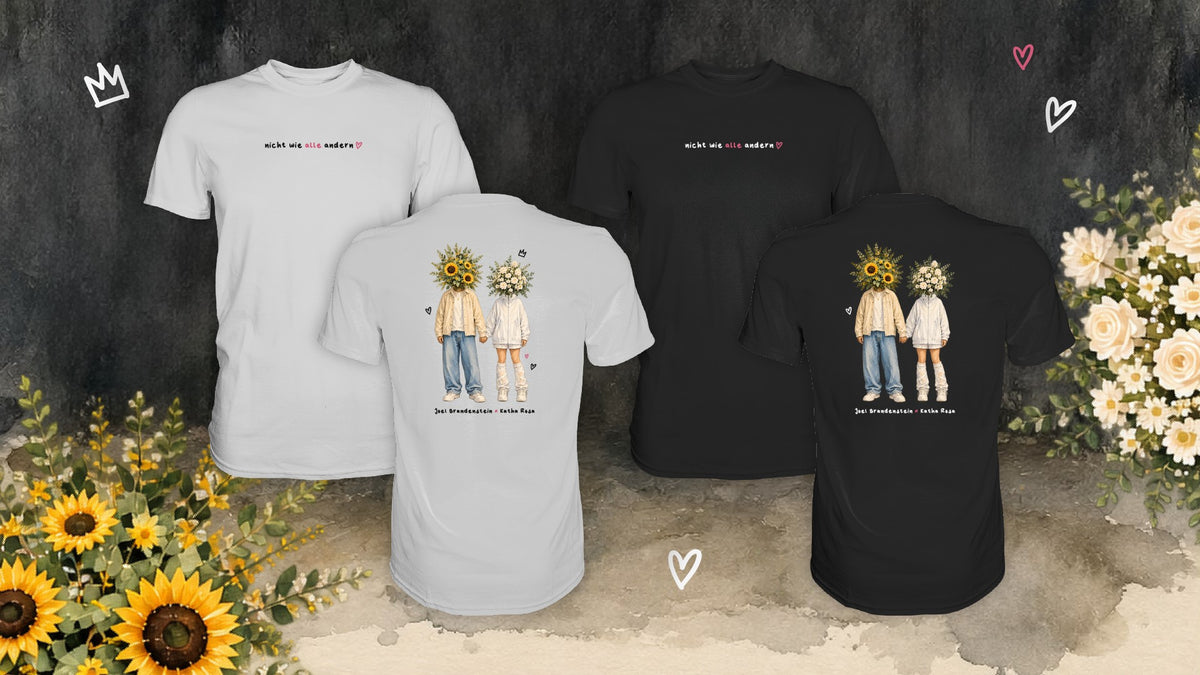 Nicht wie alle andern Blumenpaar T-Shirt in Weiß und Schwarz, Vorder- und Rückseite